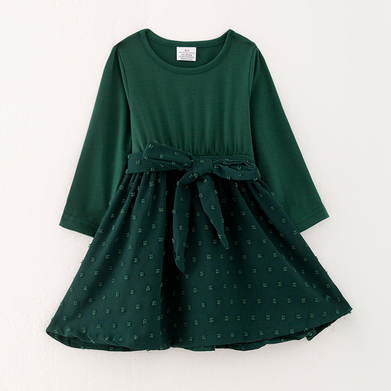 (In Stock L37-4-3)Girls Fall Dark Green Swiss Dot Dress