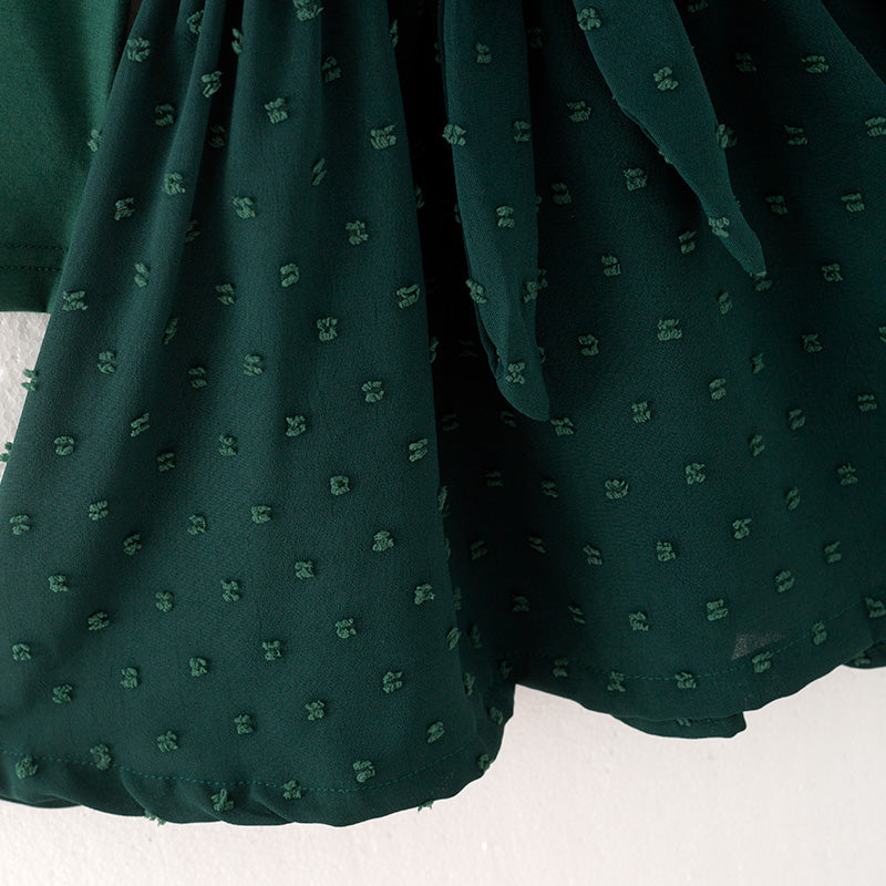(In Stock L37-4-3)Girls Fall Dark Green Swiss Dot Dress