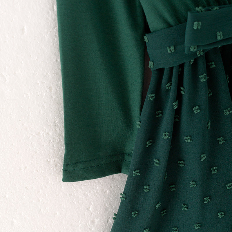 (In Stock L37-4-3)Girls Fall Dark Green Swiss Dot Dress