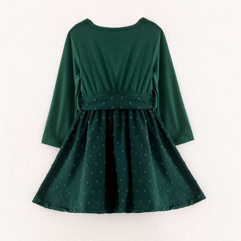 (In Stock L37-4-3)Girls Fall Dark Green Swiss Dot Dress