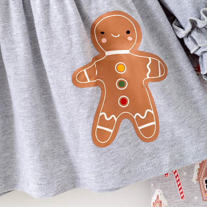 (In Stock)Girls Christmas Gingerbread Print Outfit Set