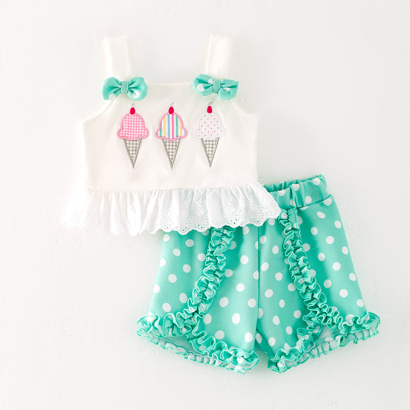 (In Stock)Girls Spring and Summer Ice Cream Applique Shorts Set