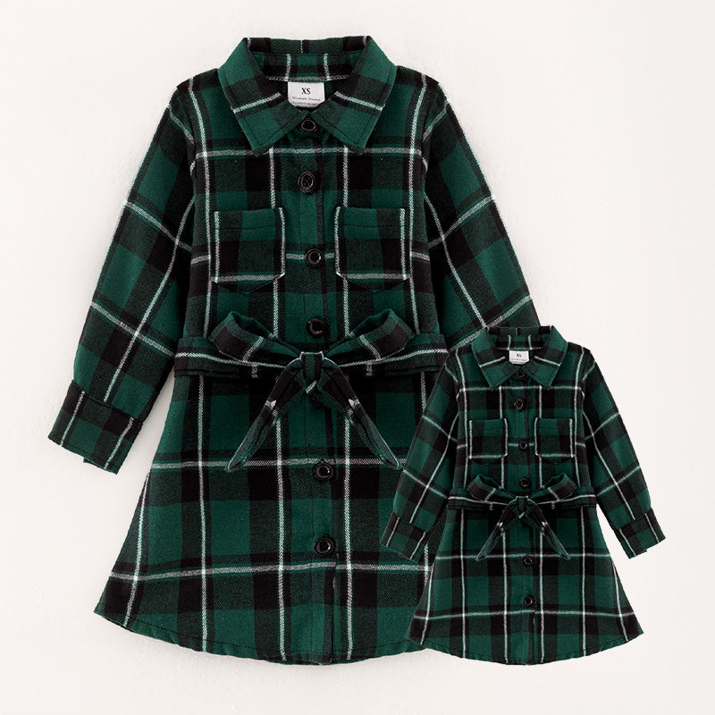 (In Stock L28-5-2)Mommy and Me Green Plaid Shirt Dress