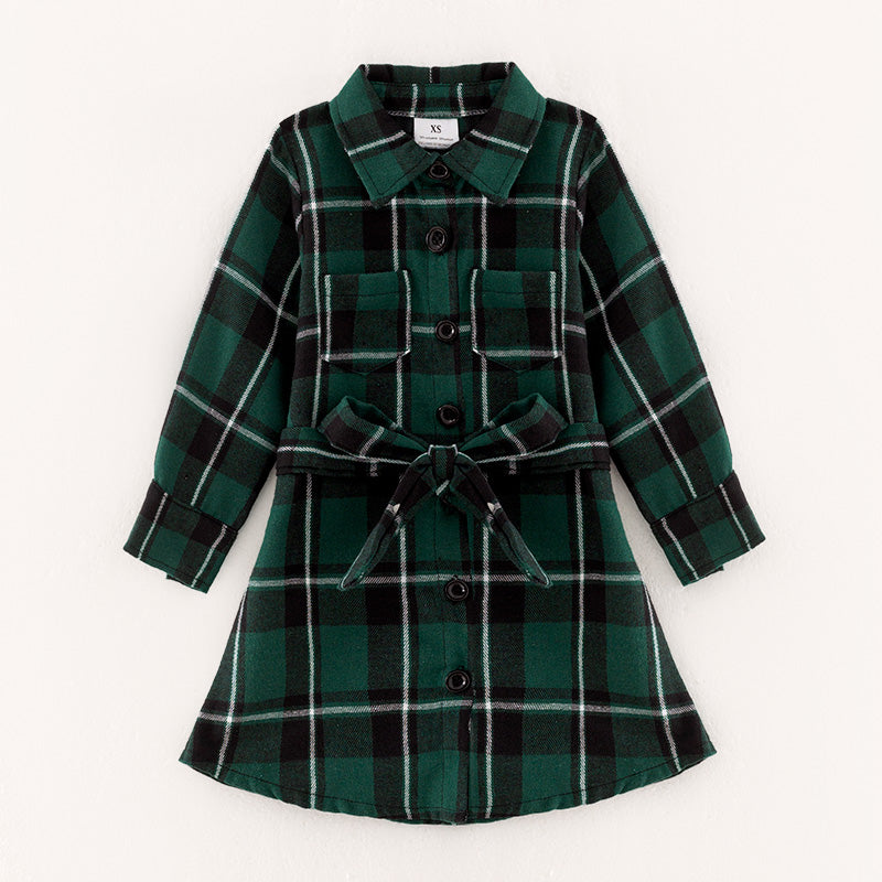 (In Stock L28-5-2)Mommy and Me Green Plaid Shirt Dress
