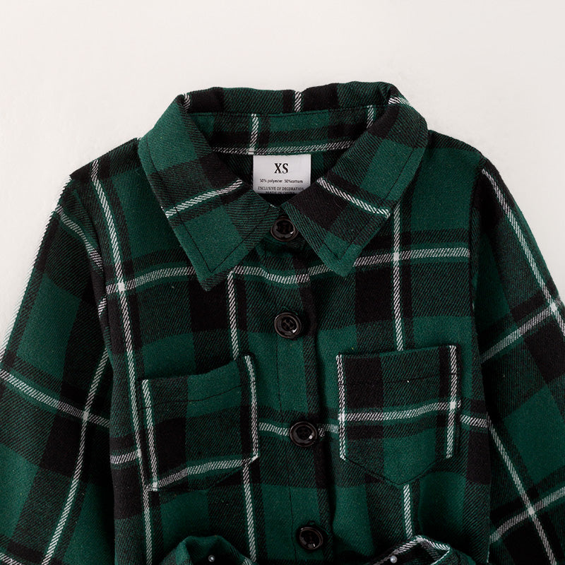 (In Stock L28-5-2)Mommy and Me Green Plaid Shirt Dress