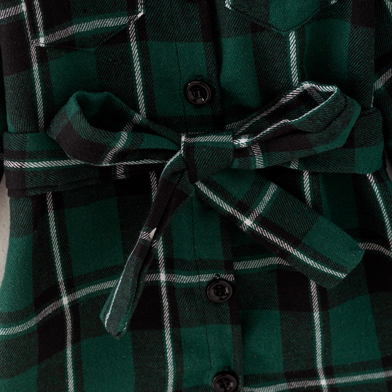 (In Stock L28-5-2)Mommy and Me Green Plaid Shirt Dress