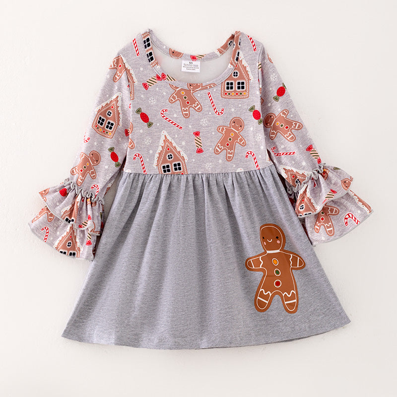 (In Stock L28-05-02)Girls Christmas Gingerbread Man Print Dress
