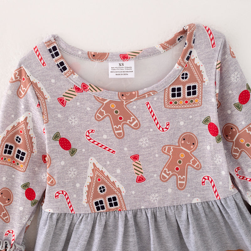 (In Stock L28-05-02)Girls Christmas Gingerbread Man Print Dress
