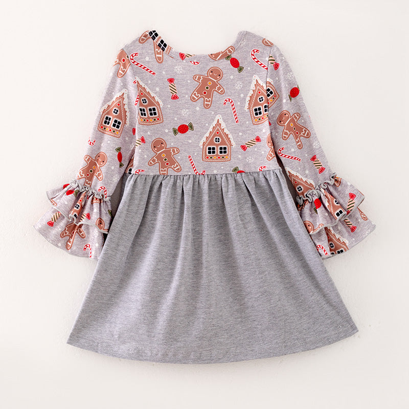 (In Stock L28-05-02)Girls Christmas Gingerbread Man Print Dress