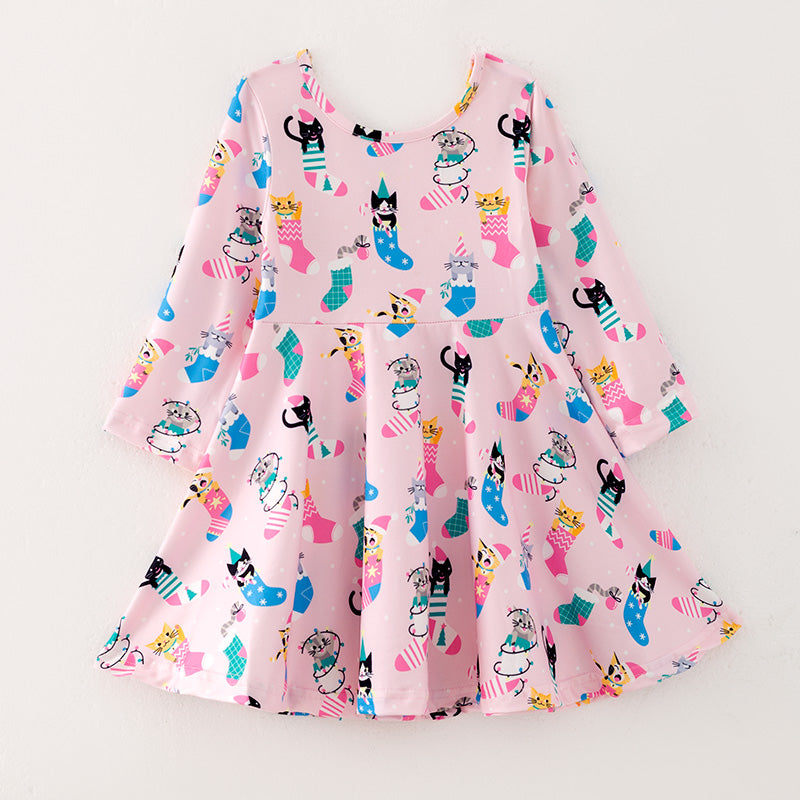 (In Stock L28-05-01)Girls Christmas Kitty Print Dress
