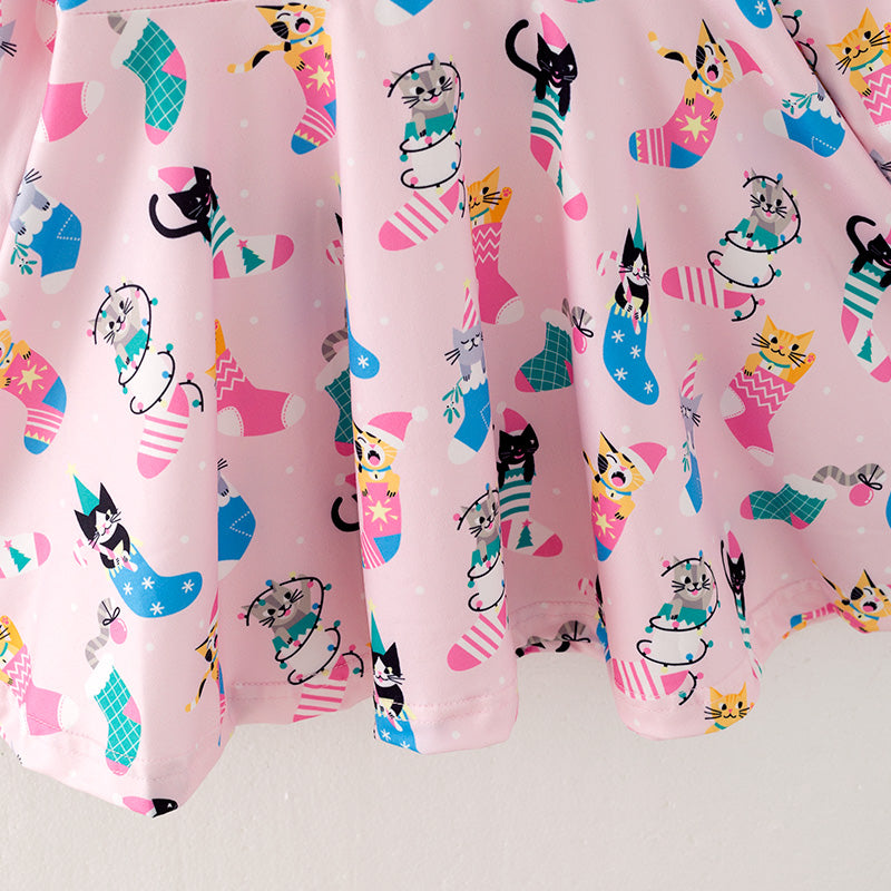 (In Stock L28-05-01)Girls Christmas Kitty Print Dress