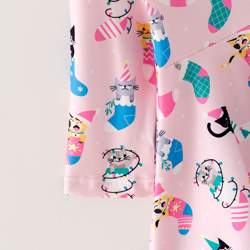 (In Stock L28-05-01)Girls Christmas Kitty Print Dress