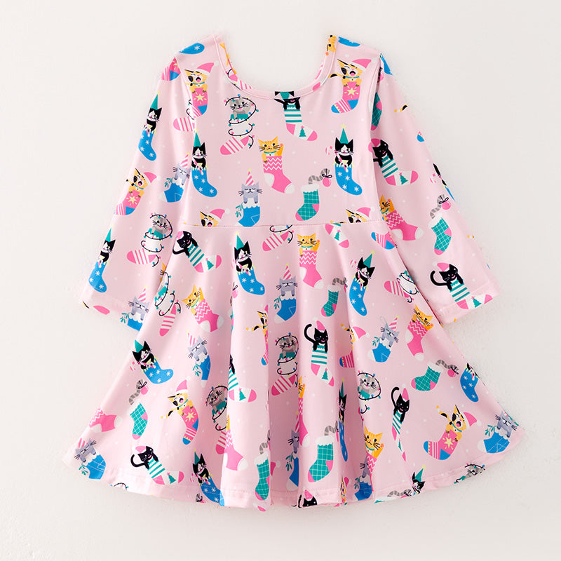 (In Stock L28-05-01)Girls Christmas Kitty Print Dress