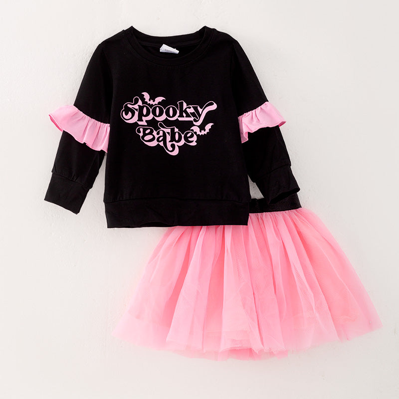 (In Stock Q5-3-1)Girls Halloween Print Tulle Skirt Suit