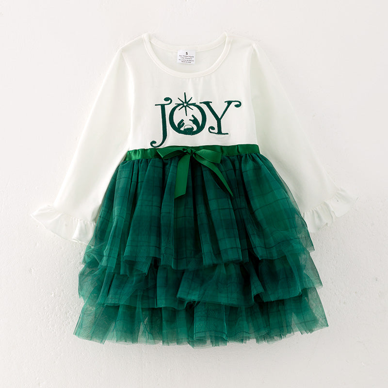 (In Stock A4-6-2)Girls Christmas JOY Print Tulle Dress
