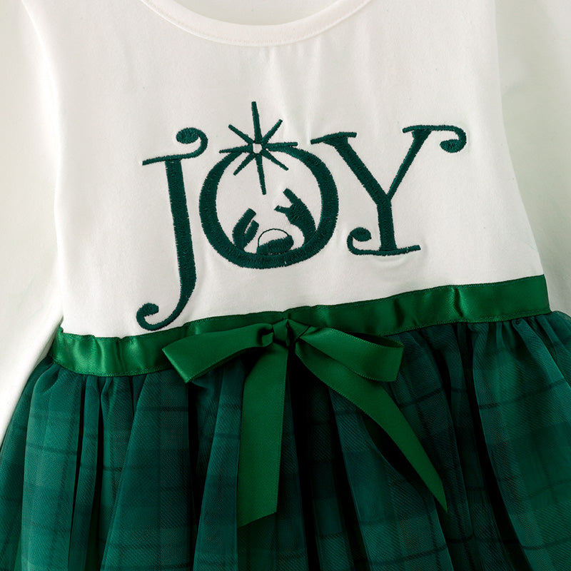 (In Stock A4-6-2)Girls Christmas JOY Print Tulle Dress