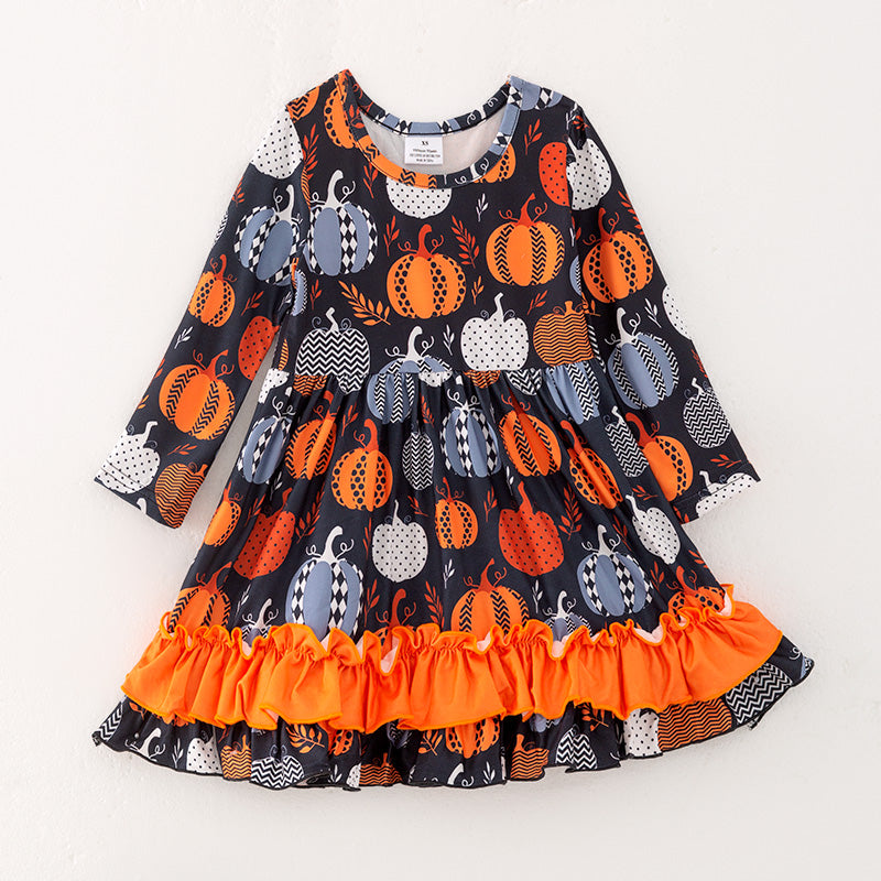(In Stock)Girls Halloween Pumpkin Print Dress