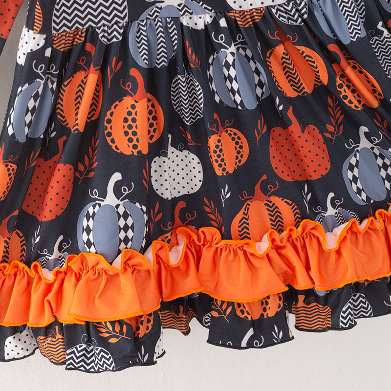 (In Stock)Girls Halloween Pumpkin Print Dress
