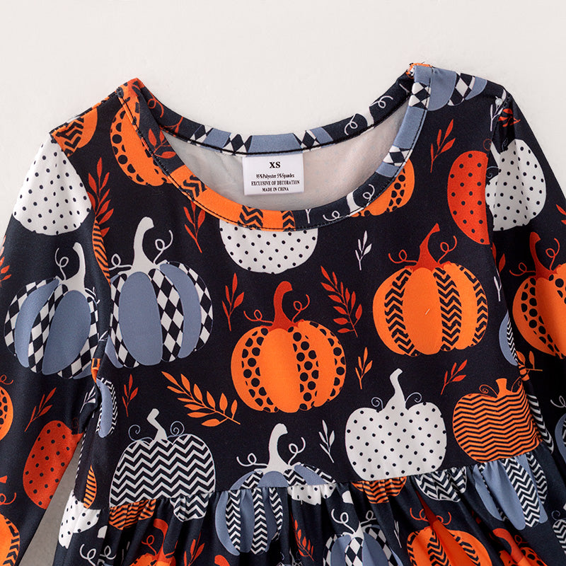 (In Stock)Girls Halloween Pumpkin Print Dress
