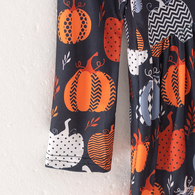 (In Stock)Girls Halloween Pumpkin Print Dress