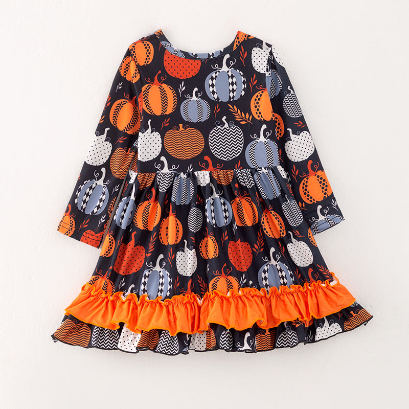 (In Stock)Girls Halloween Pumpkin Print Dress