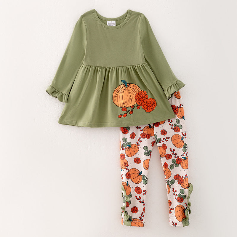 (In Stock E38-4-3)Girls Halloween and Thanksgiving Print Outfit Set