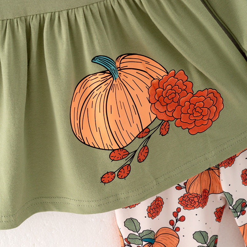 (In Stock E38-4-3)Girls Halloween and Thanksgiving Print Outfit Set