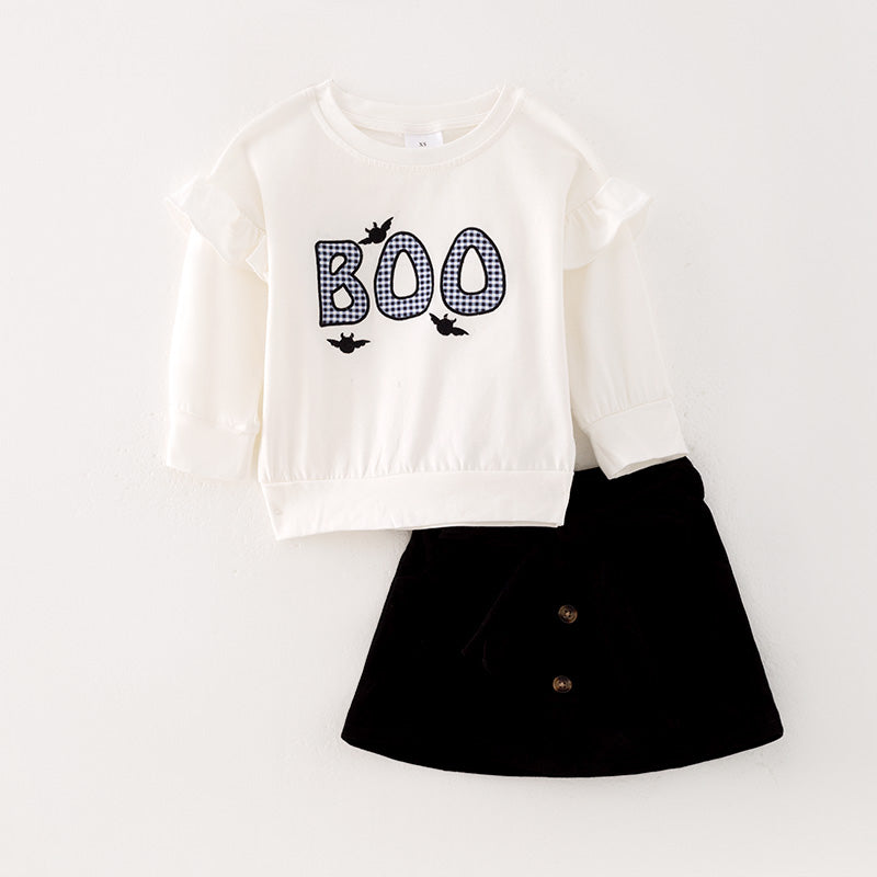 (In Stock Q1-3-2)Girls Halloween BOO Applique Skirt Set