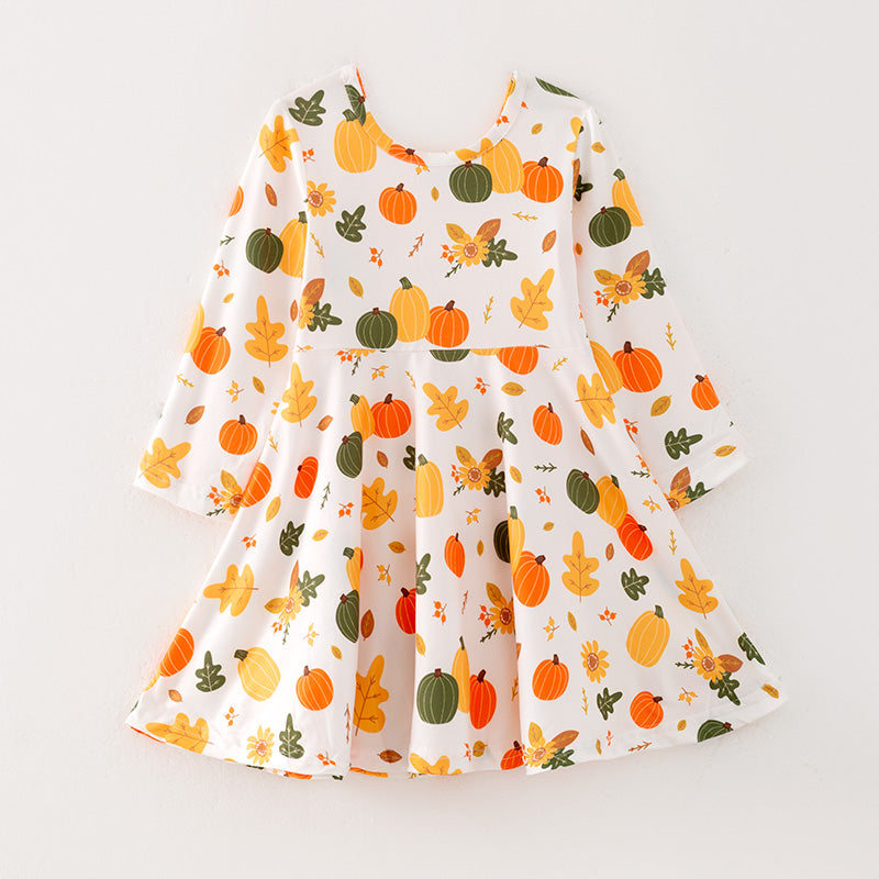 (In Stock E3-5-3)Girls Halloween and Thanksgiving Print Dress