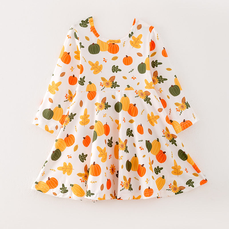(In Stock E3-5-3)Girls Halloween and Thanksgiving Print Dress
