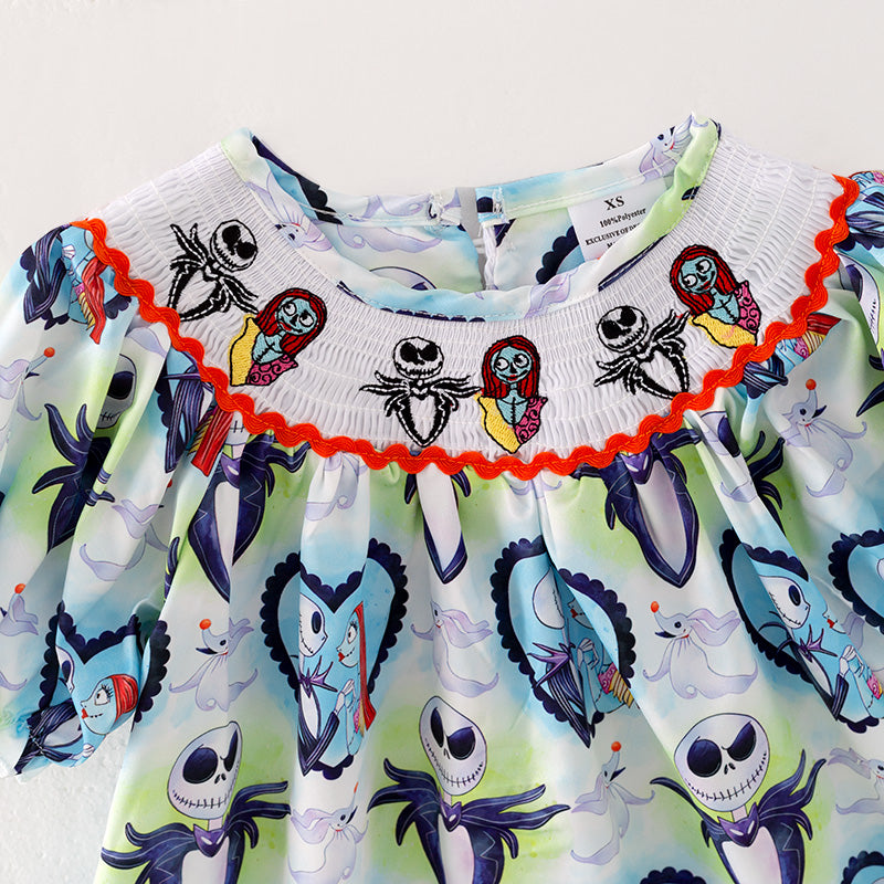 (In Stock Q4-3-1)Girls Halloween Embroidery Smocked Dress