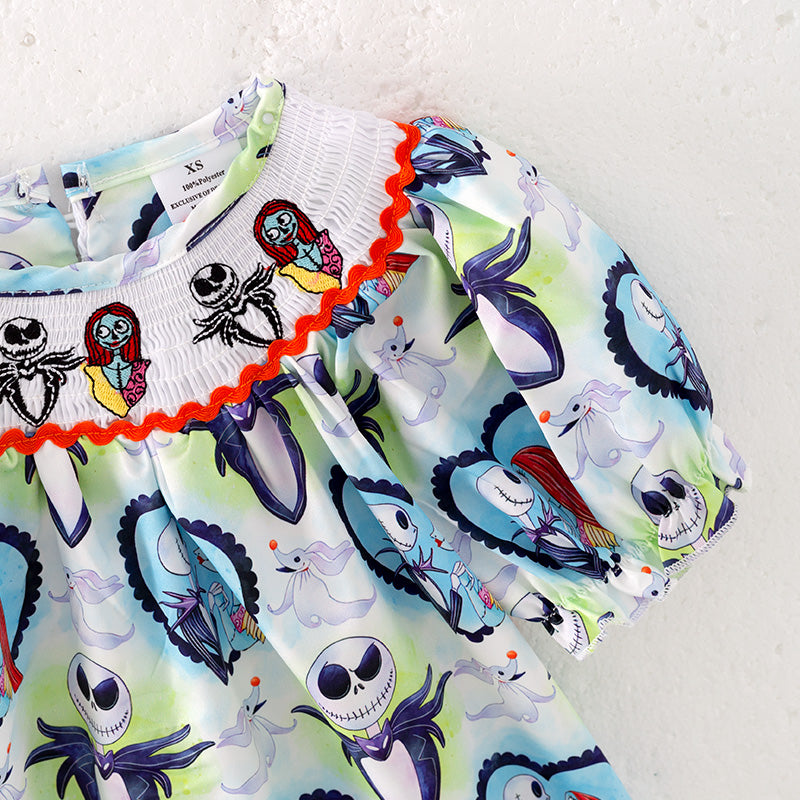 (In Stock Q4-3-1)Girls Halloween Embroidery Smocked Dress