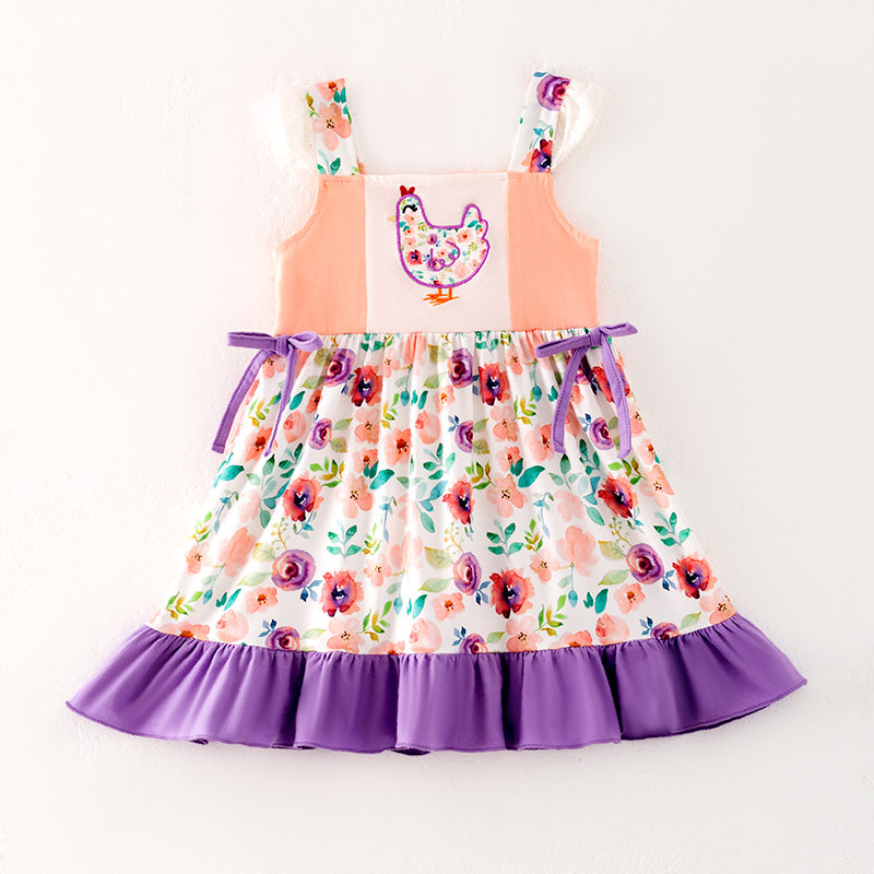 (In Stock)Girls Spring and Summer Chick Applique Dress