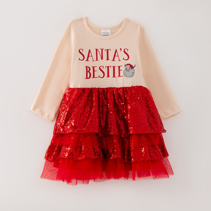 (In Stock G16-1-3)Girls Christmas SANTAS BESTIE Print Sequined Tulle Dress