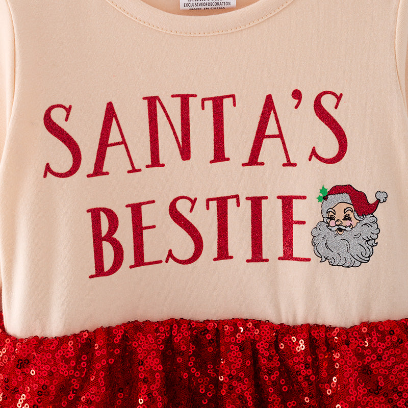 (In Stock G16-1-3)Girls Christmas SANTAS BESTIE Print Sequined Tulle Dress
