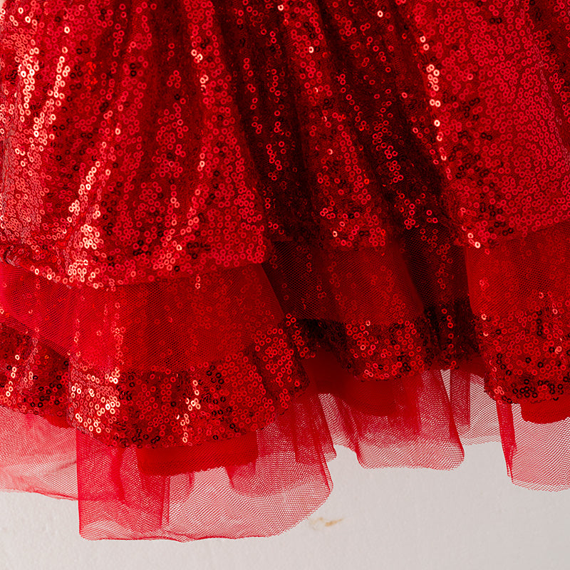 (In Stock G16-1-3)Girls Christmas SANTAS BESTIE Print Sequined Tulle Dress