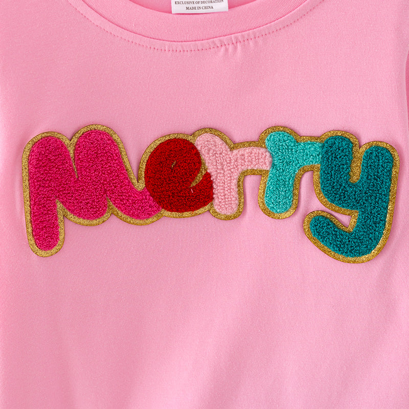 (In Stock L28-3-2)Girls Christmas MERRY Chenille Patches Outfit Set