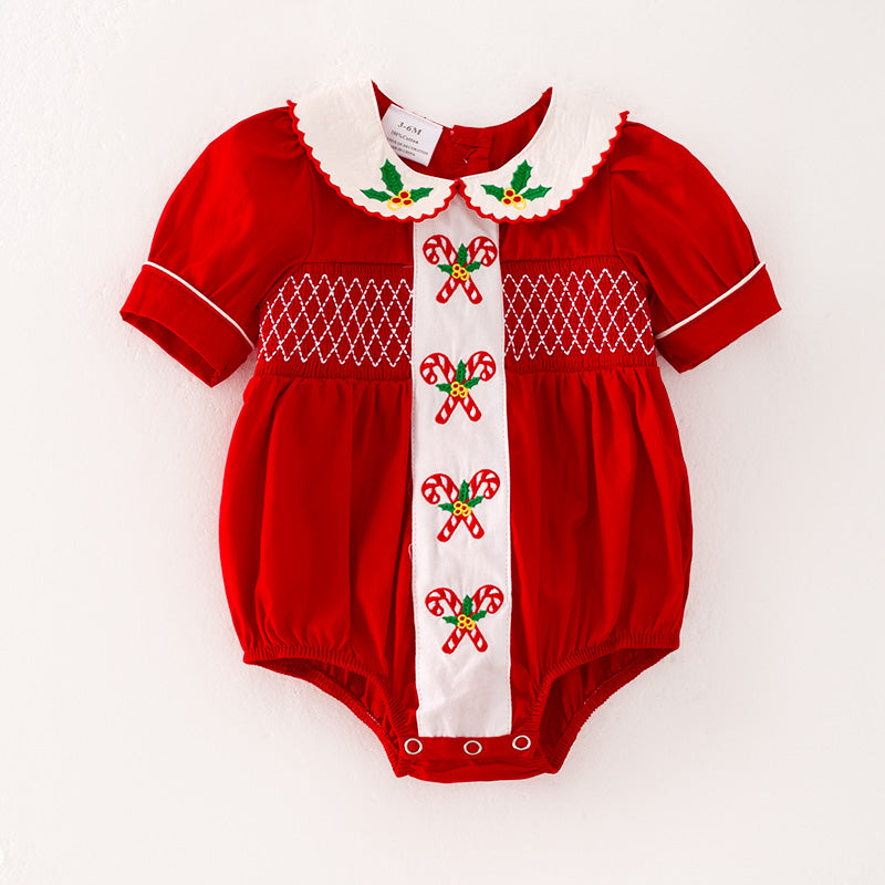 (In Stock L3-3-3)Baby Girls Christmas Embroidery Smocked Romper