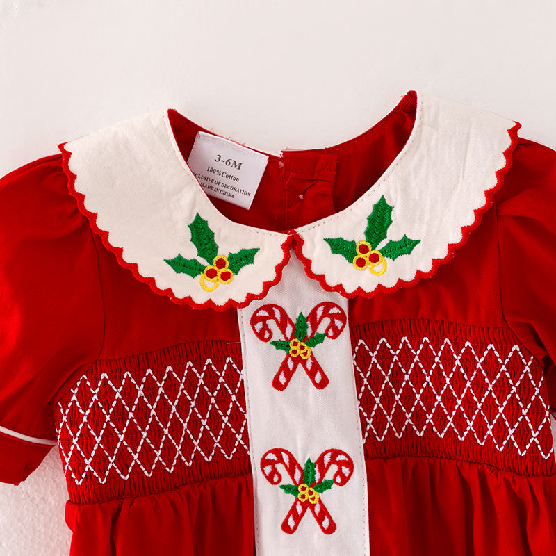 (In Stock L3-3-3)Baby Girls Christmas Embroidery Smocked Romper