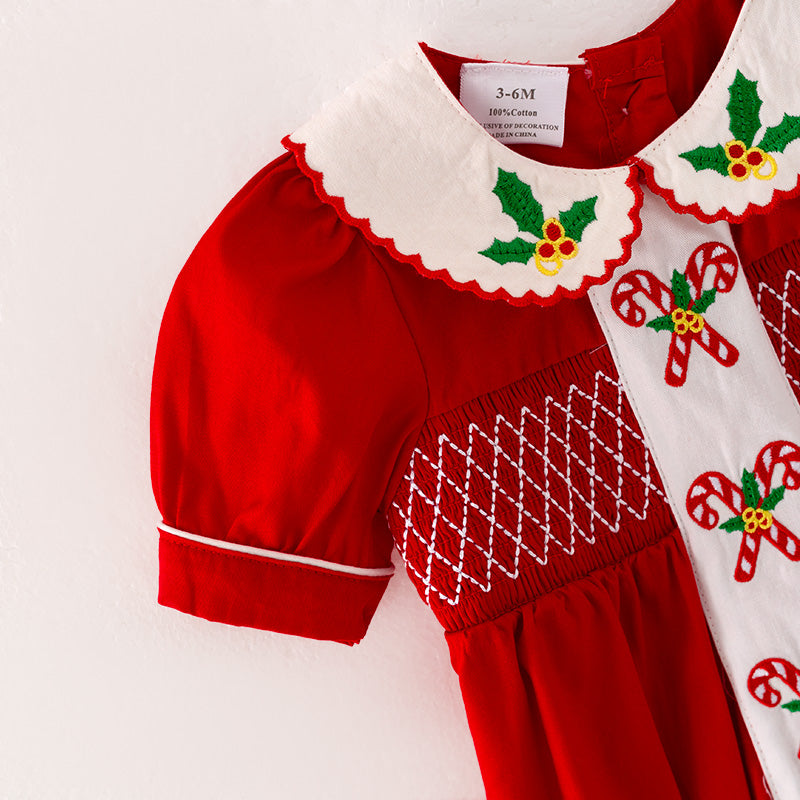 (In Stock L3-3-3)Baby Girls Christmas Embroidery Smocked Romper