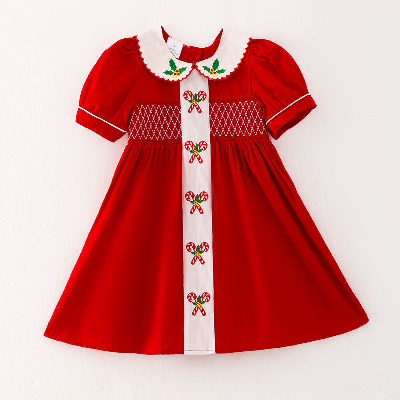 (In Stock L3-2-2)Girls Christmas Embroidery Smocked Dress