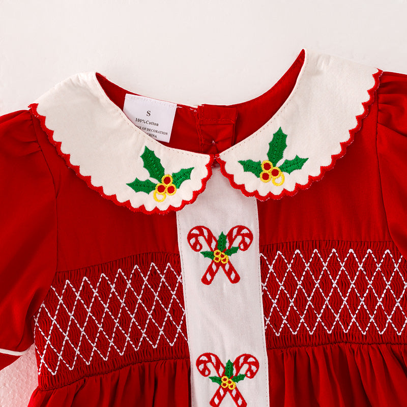 (In Stock)Girls Christmas Embroidery Smocked Dress
