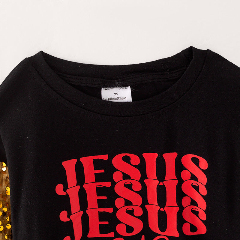 (In Stock L34-2-3)Girls Christmas JESUS Print Top