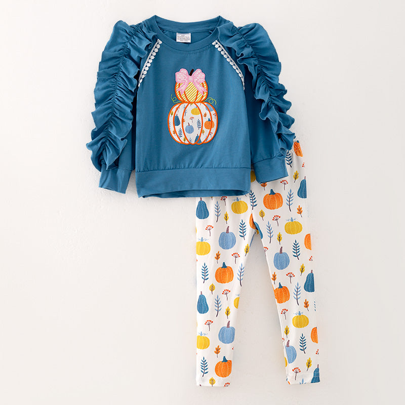 (In Stock L19-3-1)Girls Thanksgiving Pumpkin Applique Outfit Set