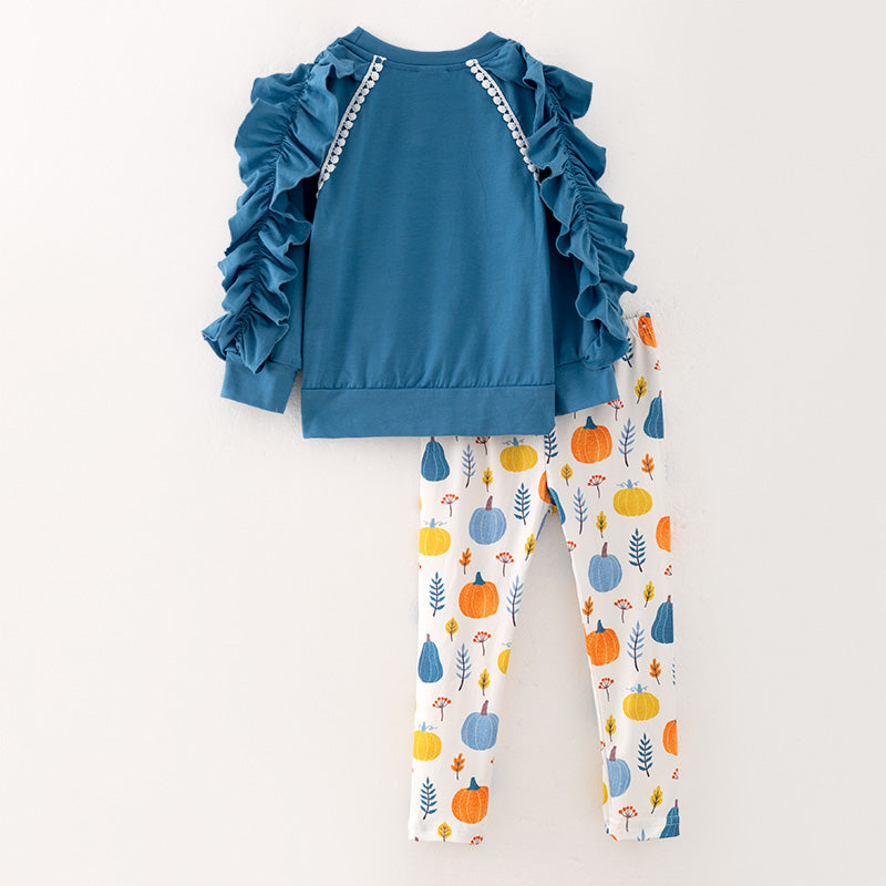 (In Stock L19-3-1)Girls Thanksgiving Pumpkin Applique Outfit Set
