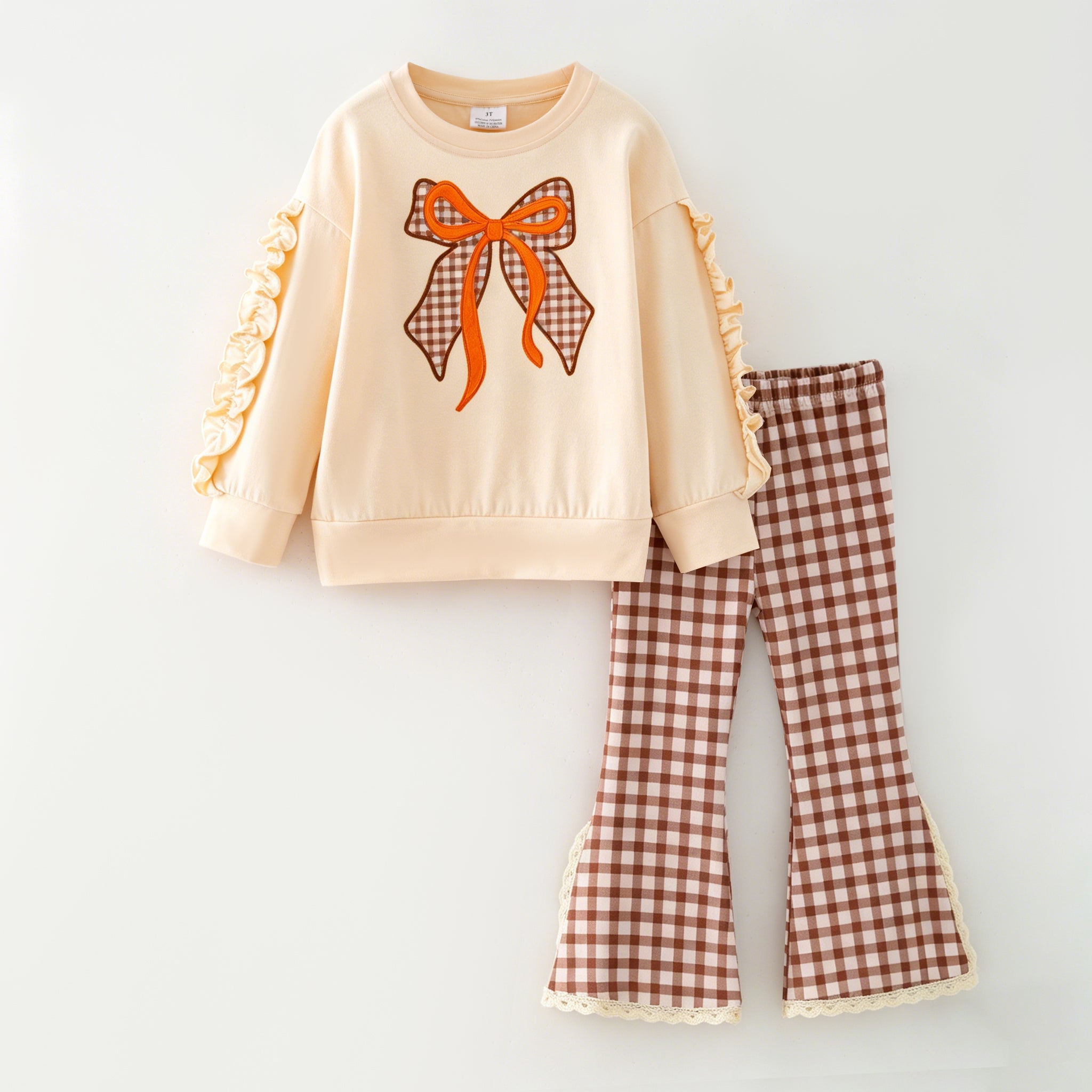 (In Stock)Girls Fall Bow Applique Ruffle Sweatshirt Set