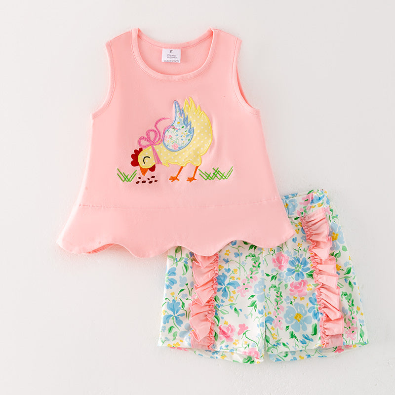 (In Stock)Girls Spring and Summer Farm Chick Applique Shorts Set