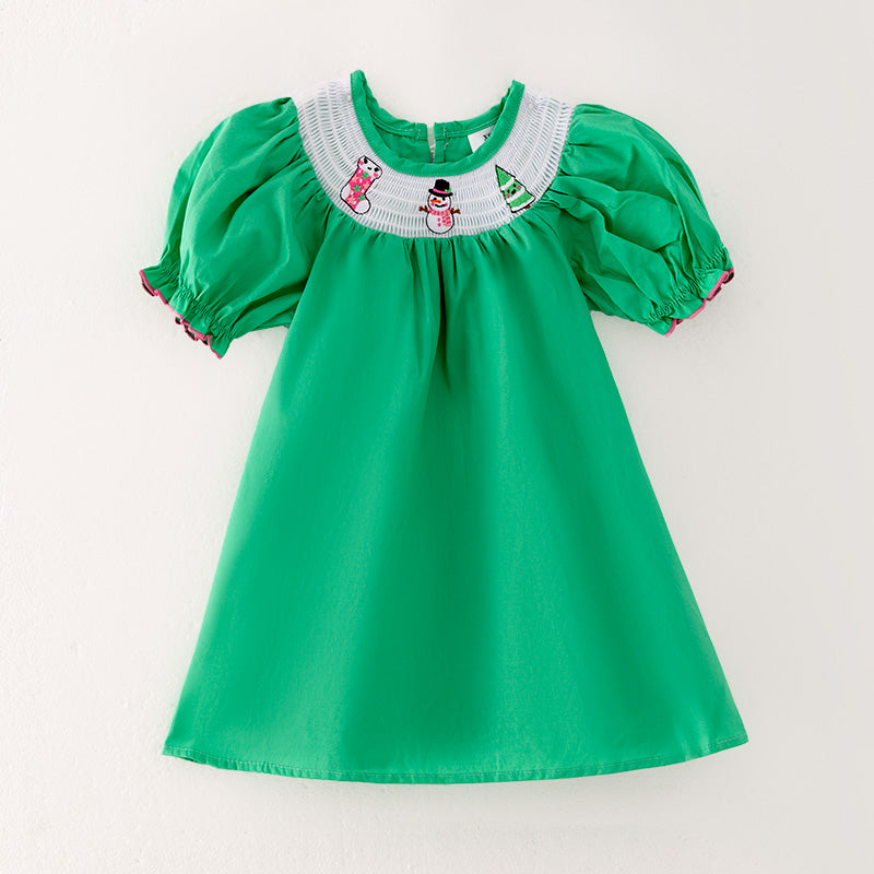 (In Stock L37-3-1)Girls Christmas Embroidery Smocked Dress