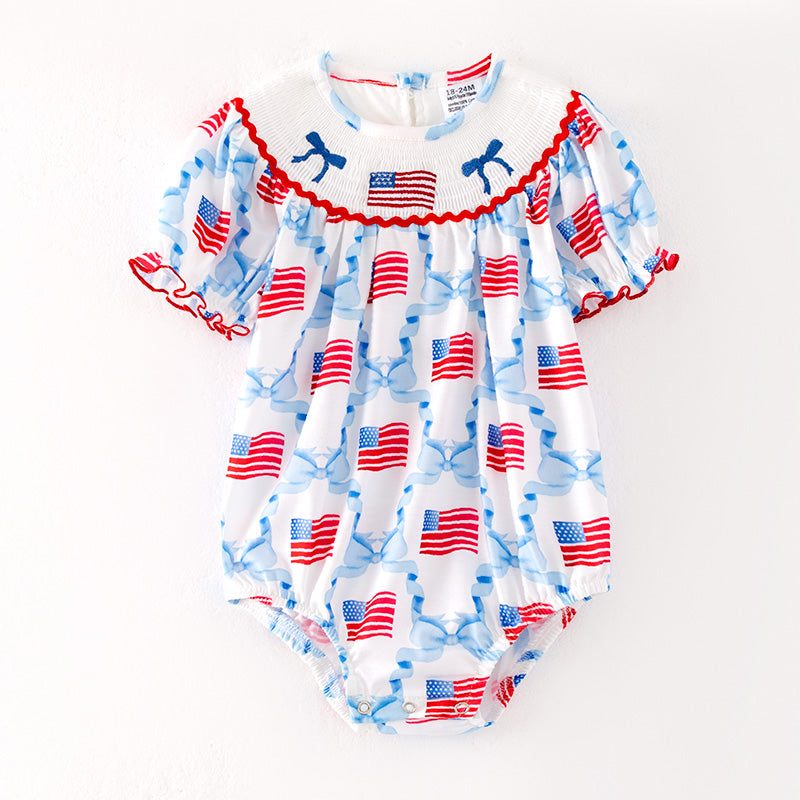(In Stock)Toddler Girls Patriotic Embroidery Smocked Romper