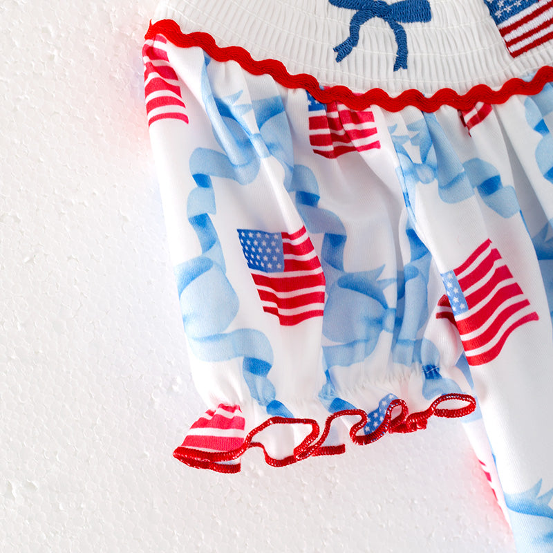 (In Stock)Toddler Girls Patriotic Embroidery Smocked Romper